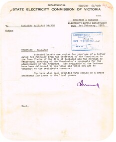 Administrative record - Memorandum, State Electricity Commission of Victoria (SECV), "Tramways Ballarat", 1/02/1962 12:00:00 AM