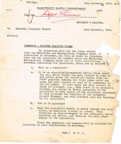 Administrative record - Memorandum, State Electricity Commission of Victoria (SECV), "Tramways - Maximum Traction Trams:", 13/11/1945 12:00:00 AM