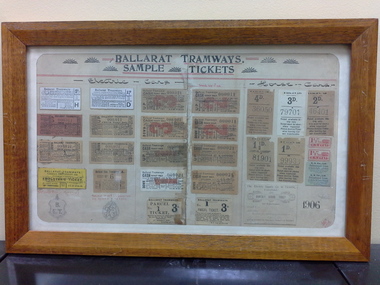 Ephemera - Framed tickets, Electric Supply Co. of Vic (ESCo), "Ballarat Tramways - Sample tickets", 1906, 1966