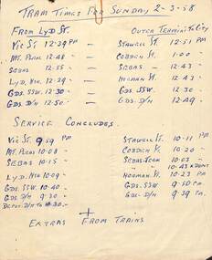 Document - Form/s, List, State Electricity Commission of Victoria (SECV), "Tram times for Sunday 2-3-58", "Application for permission to exchange duties", 1958