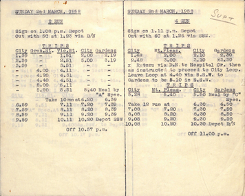 Document - Roster, State Electricity Commission of Victoria (SECV), "Sunday 2nd March 1958 timetables", 1958