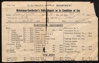 Document - Form/s, State Electricity Commission of Victoria (SECV), "Motorman - Conductor's Daily Report as to Condition of Car", c1942