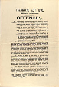 Poster, Electric Supply Co. of Vic (ESCo), "Tramways Act 1890 - Second Schedule - Offences", 1906