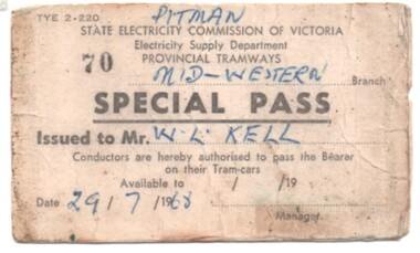 Ephemera - Ticket, State Electricity Commission of Victoria (SECV), "Special Pass", 1950's
