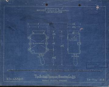 Drawing, British Thomson Houston, "BTH XD13398, Dimensions of MR4EE Circuit Breaker", 1912