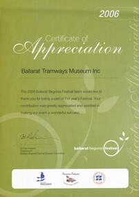 Certificate, City of Ballaarat, "Certificate of Appreciation", 2006