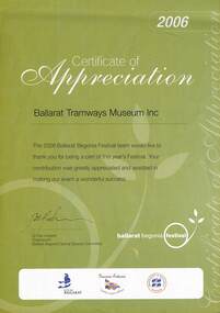 Certificate, City of Ballaarat, "Certificate of Appreciation", 2006