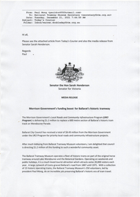 Document - Press Release, Sarah Henderson and  Paul Mong, "Morrison Government's funding boost for Ballarat's historic tramway", 21/12/2021 12:00:00 AM