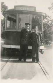 Bill Sewell and Joe Smerdon in front of tram