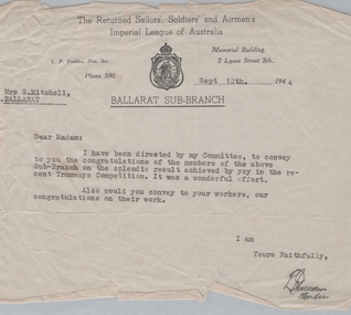 Letter from L P Youlden Secretary Ballarat RSL sub-branche congratulating Sylvia Mitchell.