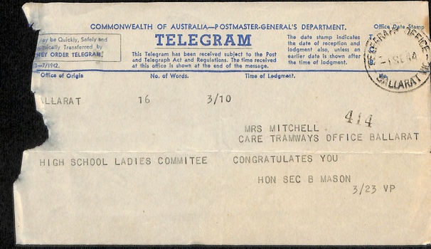 Telegram - Congratulations to Sylvia Mitchell 3 of 9