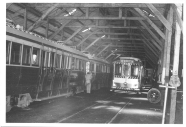 Black and White - tram depot interior view