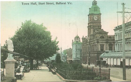 Postcard looking east with Town Hall in the view