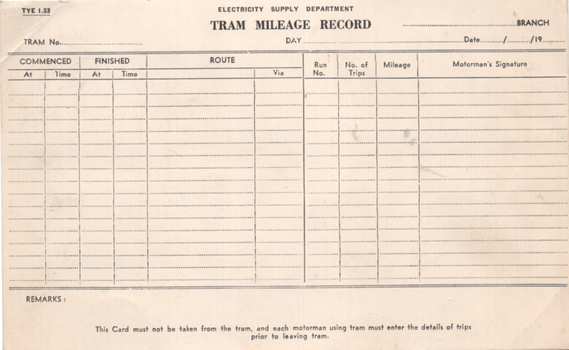 "Tram Milage Record" card