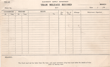 "Tram Milage Record" card
