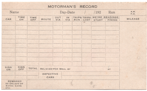 "Motorman's Record" card front
