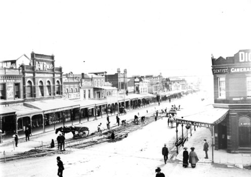 Geelong streetscape showing early laying of tramway tracks c.1911.