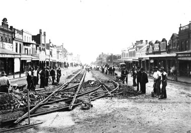 Ryrie St., Geelong showing the laying of tram infrastructure c 1911.
