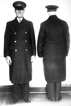 Geelong Tramway Inspector Winter Coat - front and back view.