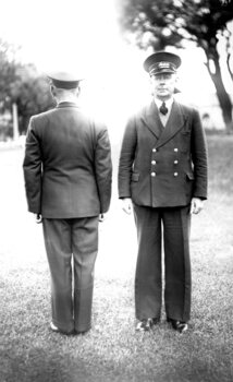 Geelong Tramway Inspector wearing standard Winter Uniform.  Front and rear view.