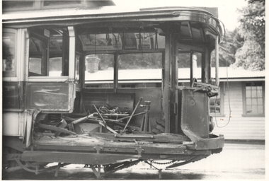 Damaged four wheel tram Ballarat