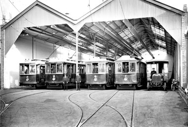 Geelong Tram Depot extension showing four roads and cars from the East Geelong Route.