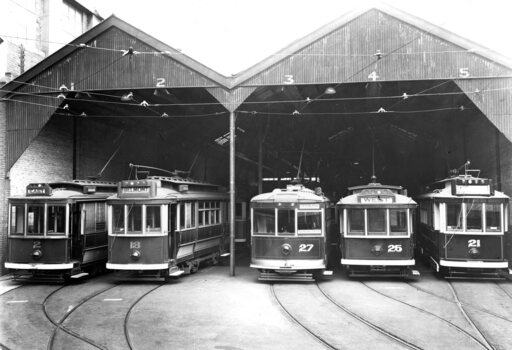 Variety of trams at Geelong Tram Depot. c.1942.