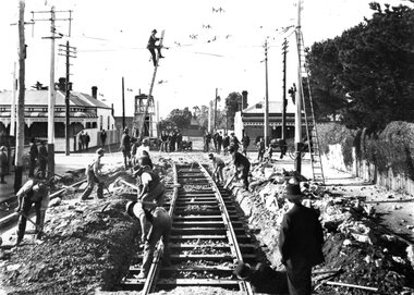 Relaying tracks in Aphasia St. for Geelong Tramway.