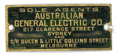 Tramways brass plate detailing Sole Agency to Australian General Electric Co.