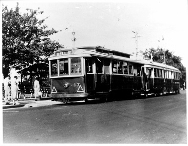Photograph - Tram 17 & bogie tram at Sturt & Lydiard Sts, Circa mid-late1950s