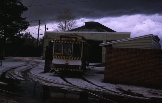 Tram 21 at the depot, showing special 