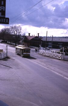 Tram 12 inbound crossing the railway tracks