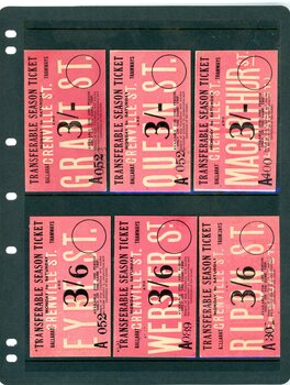 Ballarat Tramways tickets - Prototypes for Transferable Season tickets -  3/- and 3/6 pence.