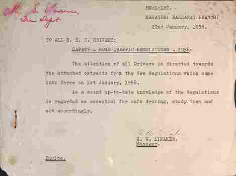 "Extracts from Road Traffic Regulations 1958" - memo to drivers