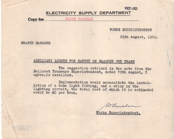 Document - Memo, State Electricity Commission of Victoria (SECV), Auxillary lights for safety on blacked out trams, August 1960