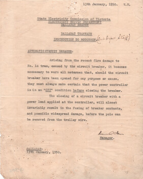 "Instruction to Motormen - Automatic Circuit Breaker"