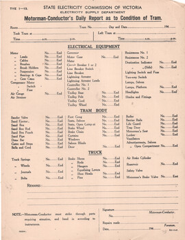 "Motorman - Conductor's Daily Report as to Condition of Car"