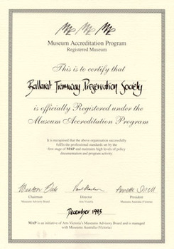 Ballarat Tramway Preservation Society - photo of framed Registration certificate.