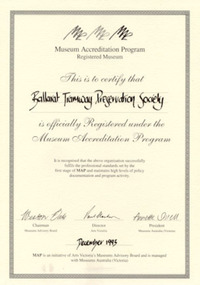 Ballarat Tramway Preservation Society - photo of framed Registration certificate.