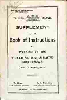 "Supplement to the Book of Instructions re the working of the St Kilda and Brighton Electric Street Railway" - cover