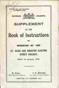 "Supplement to the Book of Instructions re the working of the St Kilda and Brighton Electric Street Railway" - cover