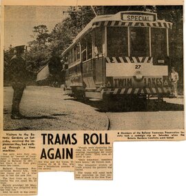 Newspaper - Newspaper - Clipping and Black & White Photograph, R Bridger Collection: Trams roll again, 1974
