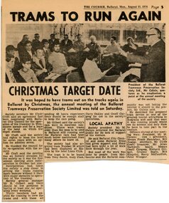 Newspaper - Newspaper - Clipping and Black & White Photograph, Trams to run again, 12 August, 1974