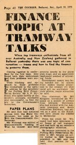 Newspaper - Newspaper - Clipping, R Bridger Collection: Finance topic at tramway talks, April 1975