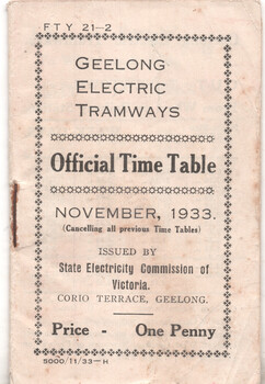 "Geelong Electric Tramways - Official Time Table"  - 1933