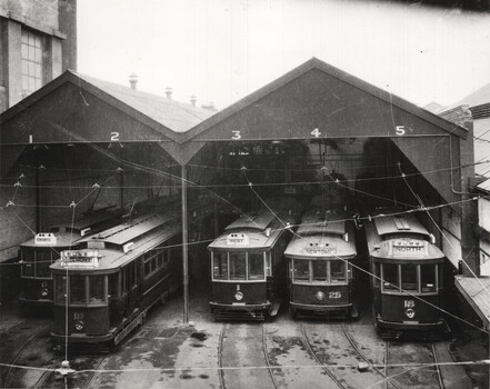 SECV Geelong tram depot with five trams.