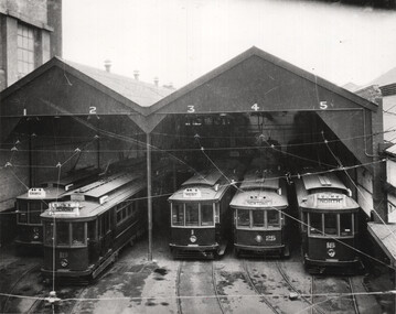 SECV Geelong tram depot with five trams.