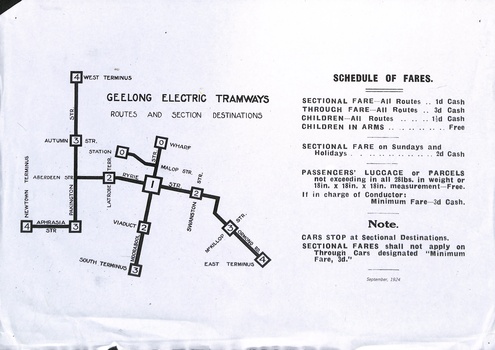 Geelong Tramways - Schedule of Fares and route map