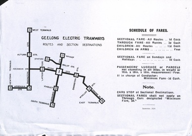 Geelong Tramways - Schedule of Fares and route map