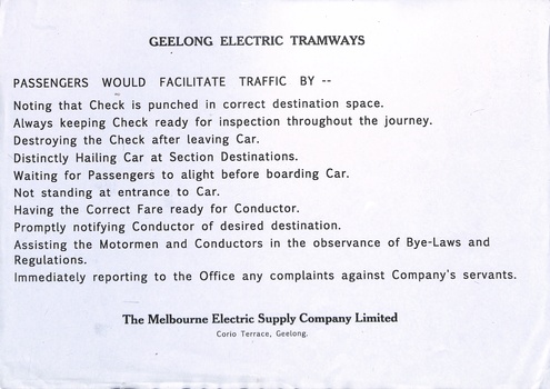 Geelong Tramways passengers would facilitate traffic by: